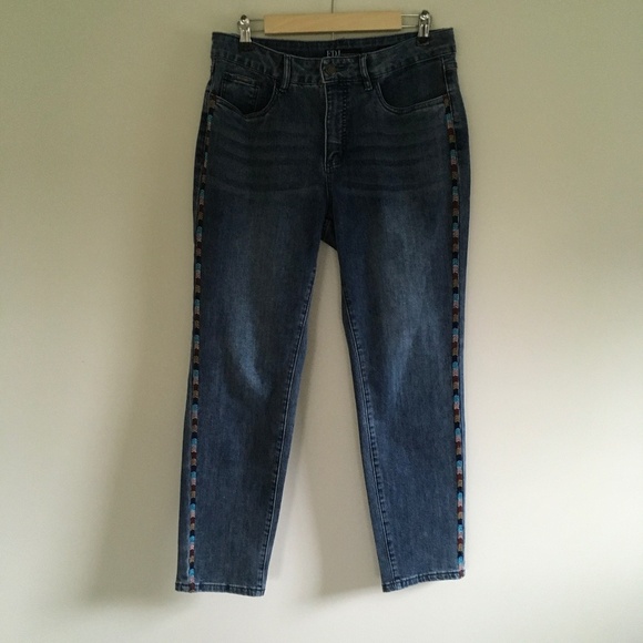 FDJ French Dressing Olivia Jeans 10 Blue Embroidered Pencil Ankle Denim Boho - Picture 1 of 13